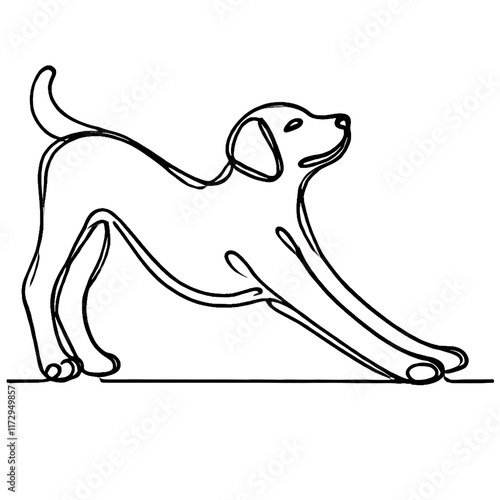 Minimalist Line Drawing of a Stretching Dog in Black and White Contour Style