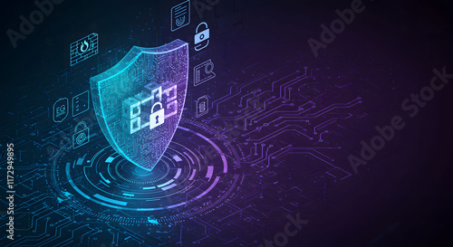 ia generated. Cyber security concept. Lock symbol from lines and triangles, point connecting network on blue background