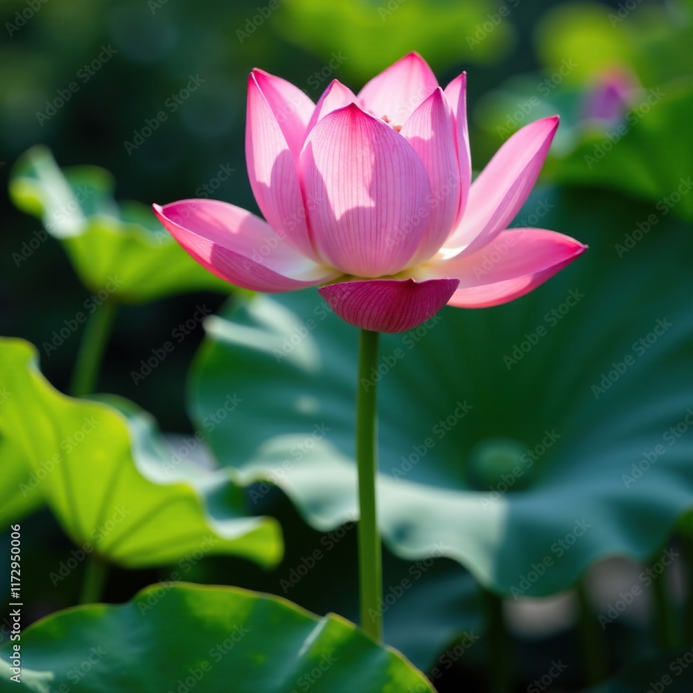 Delicate pink purple lotus bloom rises from ceramic pot, artistic, garden