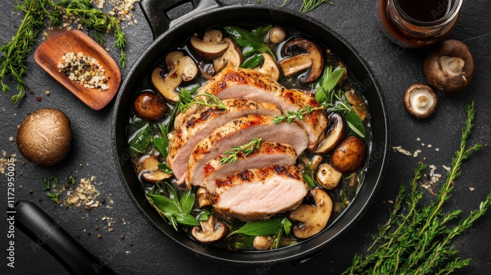 A delicious shabu pork pan scene with boiling broth, thin pork slices, and a mix of mushrooms and greens. A delicious shabu pork pan scene with boiling broth, thin pork slices, and a mix of mushrooms and greens.