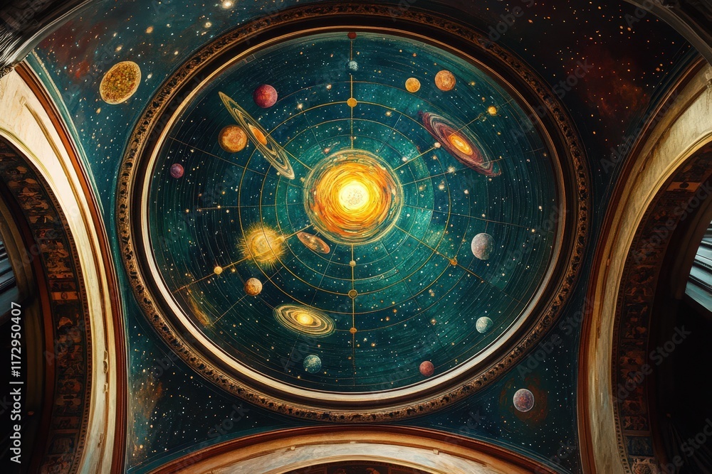 Fototapeta premium Celestial Dome Painting Depicts A Planetary System