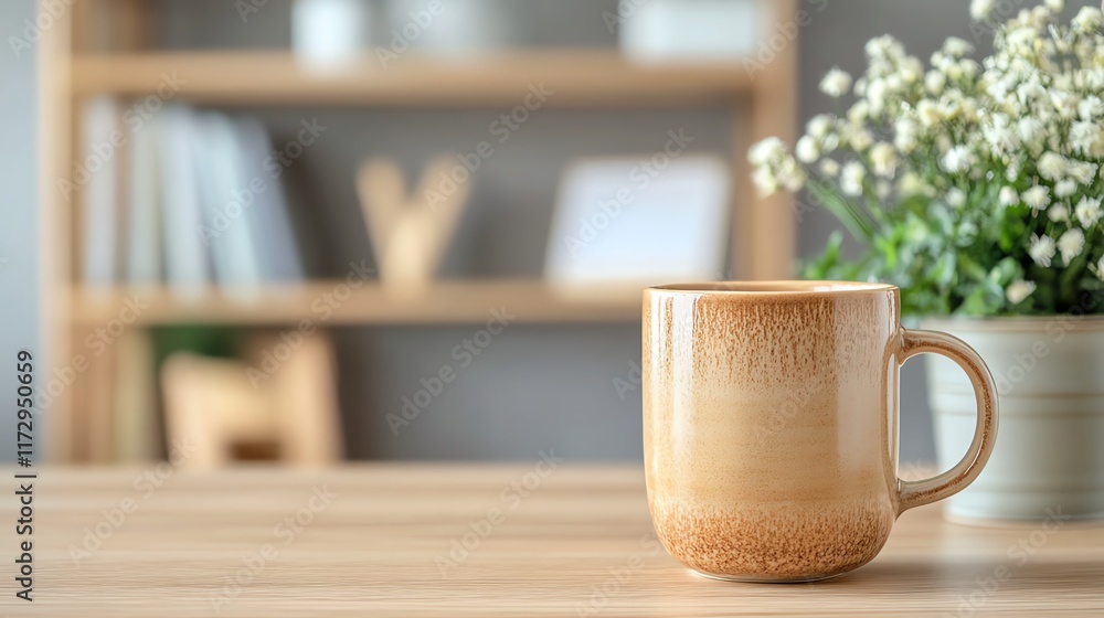 Cozy wooden cup on a table with flowers. Cozy wooden cup on a table with flowers.