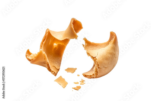 A single fortune cookie broken open with a paper slip, isolated on white background, png, transparent. photo