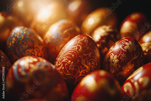 Intricate Hand-Painted Easter Eggs Displayed in Warm Light Showcasing Artistic Craftsmanship and Vibrant Designs photo