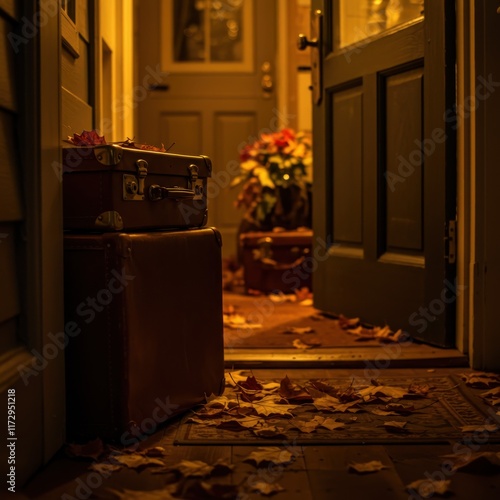 Cozy attic storage, warm golden light, stacked vintage suitcases, old books, antique objects, dusty ambiance, nostalgic atmosphere, wooden floorboards, soft shadows, cinematic lighting, hidden treasur photo