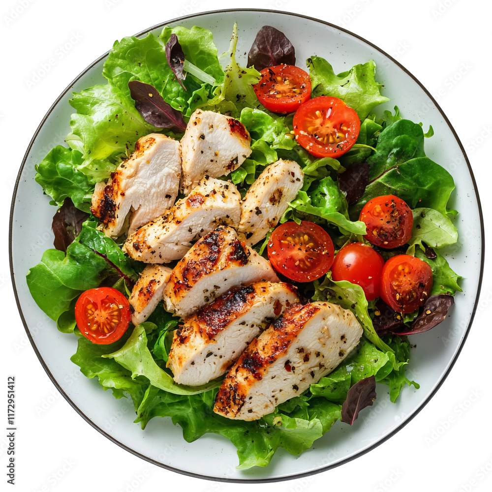 Grilled Chicken Salad Delight: A vibrant composition of a fresh grilled chicken salad, featuring succulent grilled chicken pieces, plump cherry tomatoes, and a bed of crisp, colorful lettuce. Grilled Chicken Salad Delight: A vibrant composition of a fresh grilled chicken salad, featuring succulent grilled chicken pieces, plump cherry tomatoes, and a bed of crisp, colorful lettuce.