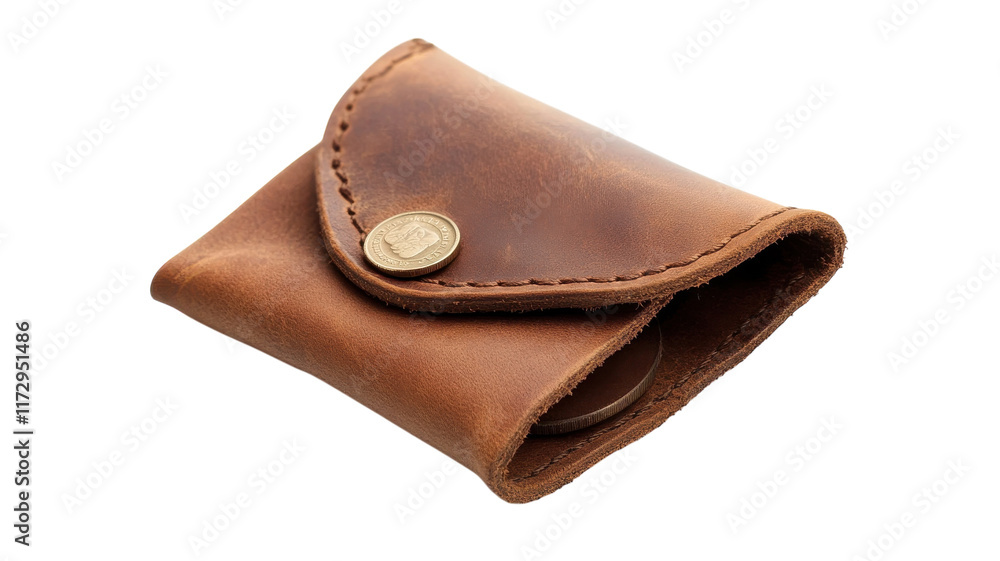 A Small Leather Coin Pouch on a White Background Perfect for Showcasing Handmade Accessories or Product Photography. A Small Leather Coin Pouch on a White Background Perfect for Showcasing Handmade Accessories or Product Photography.