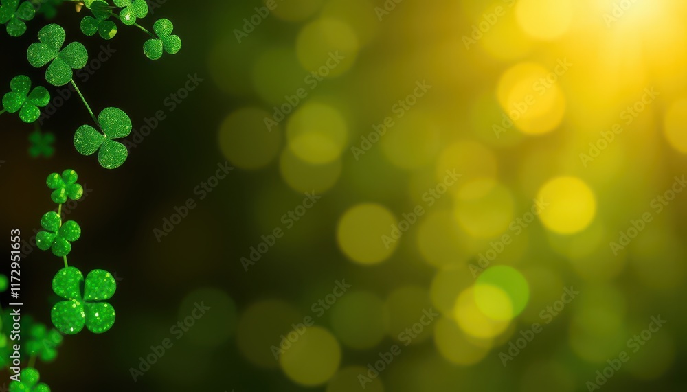 Obraz premium Glittery Shamrocks on a Green Background With Bright Golden Sparkles. Perfect for Saint Patrick's Day and themes of good fortune
