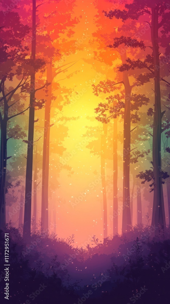 Enchanting sunset over a mysterious forest landscape with warm hues of orange red and purple creating an ethereal and captivating atmosphere The tall slender trees stretch towards the sky Enchanting sunset over a mysterious forest landscape with warm hues of orange red and purple creating an ethereal and captivating atmosphere The tall slender trees stretch towards the sky