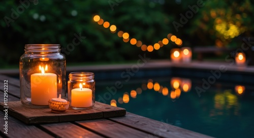 Rustic wooden deck, glowing candles in mason jars, tranquil pool reflection, warm orange bokeh lights, lush green foliage background, serene evening atmosphere, soft focus, romantic outdoor setting, a
