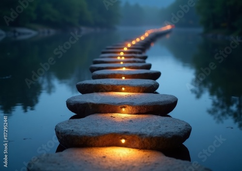 Pathway of illuminated stones leading across a serene river at dusk