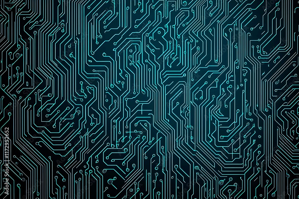 Obraz premium Abstract close-up of a glowing blue digital circuit board, showcasing intricate connections and technological design on a black background. 
