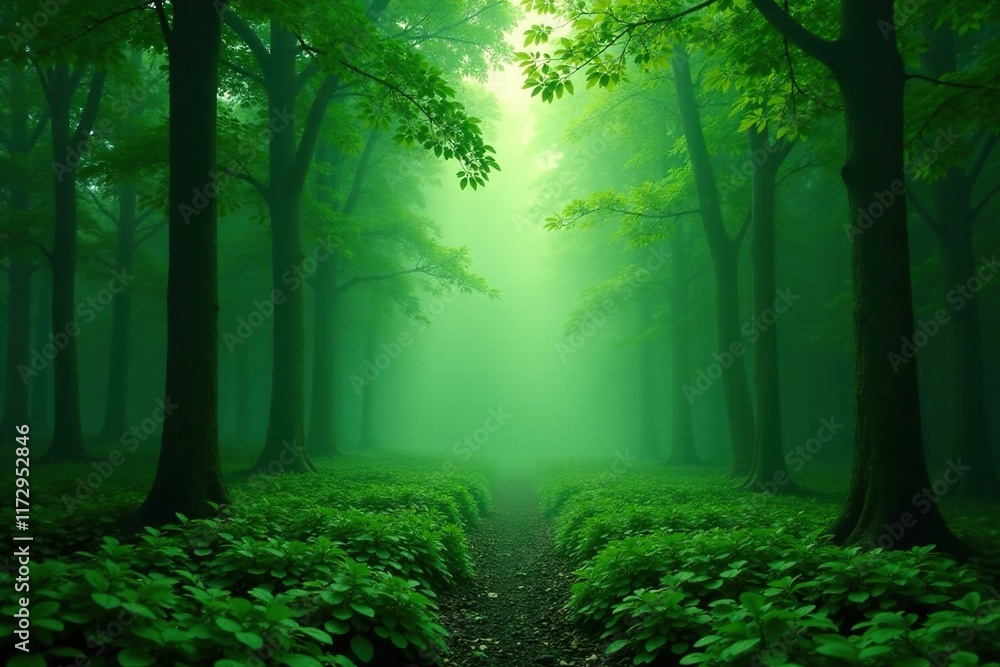 Obraz premium Misty forest with deep green undergrowth fading into light green trees, gradient, greenery