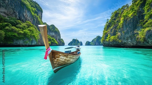 Wallpaper Mural A boat anchored in a serene blue bay surrounded by crystal-clear waters and a scenic natural landscape Torontodigital.ca