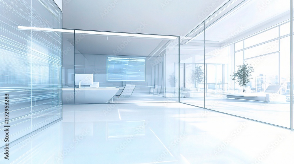 Futuristic 3D Digital Rendering of Modern Office Interior Space Futuristic 3D Digital Rendering of Modern Office Interior Space