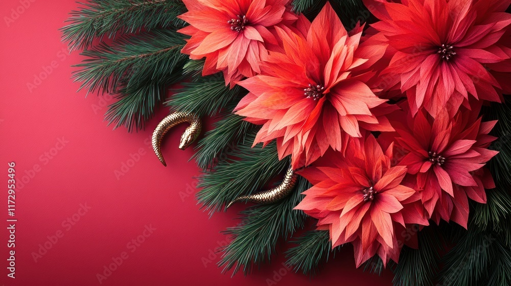 Red paper flowers, gold fish, pine branches on red background. Red paper flowers, gold fish, pine branches on red background.