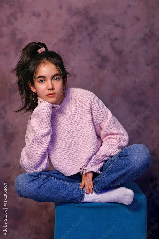 Portrait of asian beautiful girl kid isolated on black background. Teen girl kazakh in studio shot. Advertising child