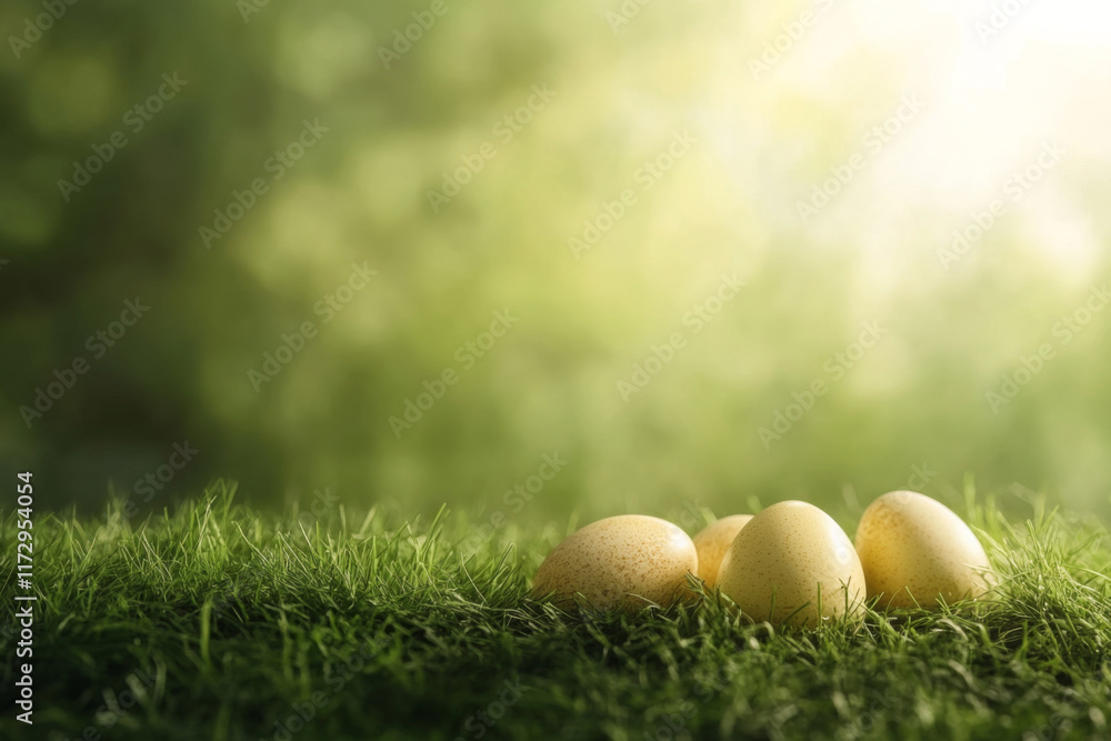 Easter Eggs Resting on Lush Green Grass Illuminated by Soft Sunlight in a Serene Outdoor Setting Easter Eggs Resting on Lush Green Grass Illuminated by Soft Sunlight in a Serene Outdoor Setting