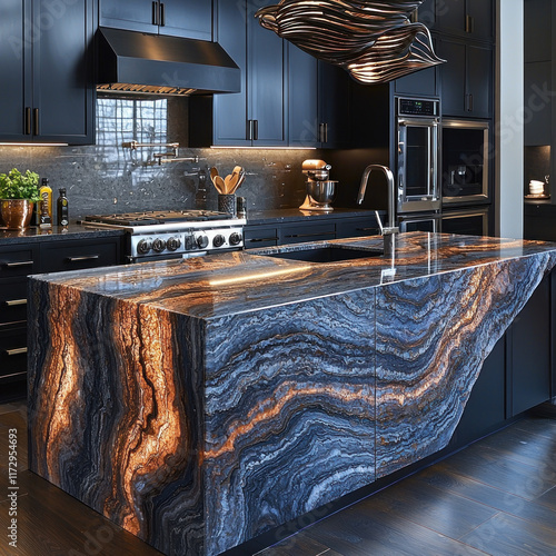 Modern kitchen island with backlit quartzite countertop in luxury home