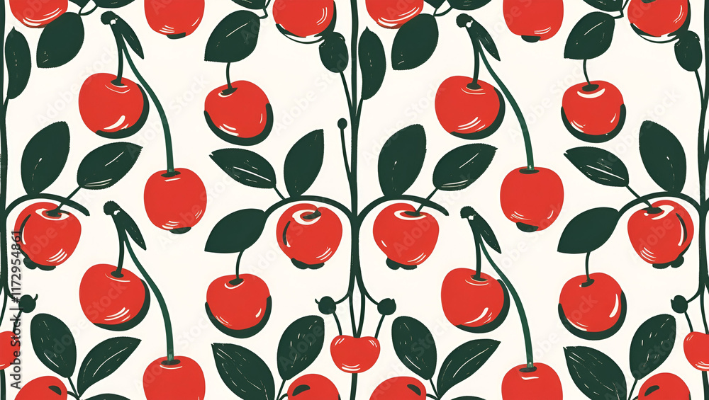 Cherry fruit pattern in vibrant style with hand-drawn illustrations on light background
Cherry fruit pattern in vibrant style with hand-drawn illustrations on light background