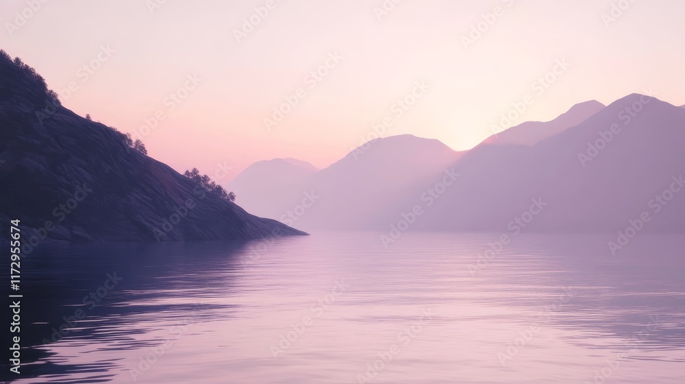 Serene landscape at dawn with mountains reflecting in calm water. Serene landscape at dawn with mountains reflecting in calm water.