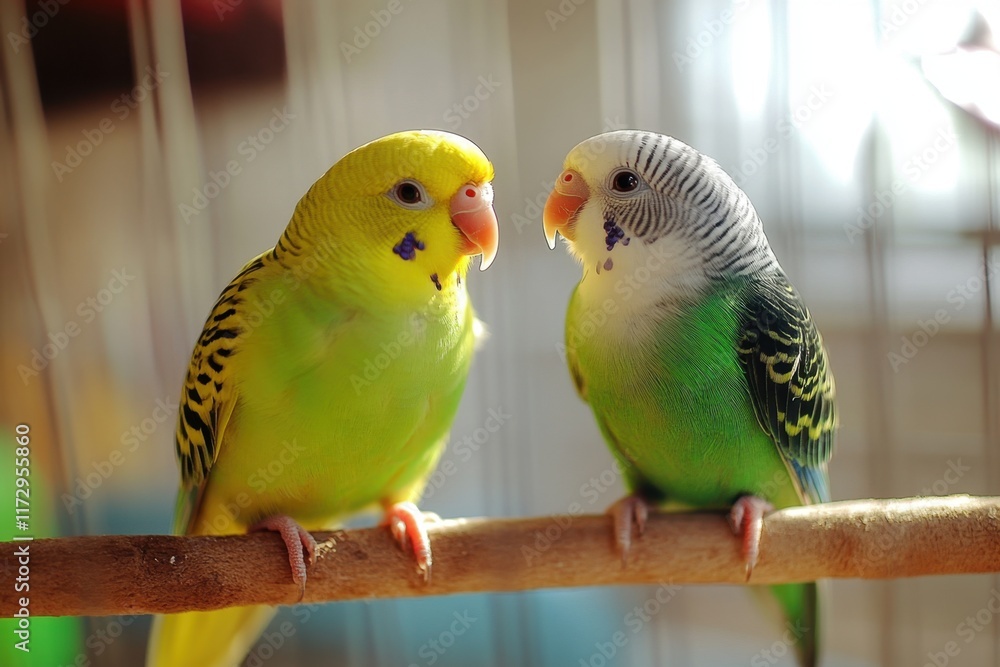 Naklejka premium Two Budgies Perched Close Together On A Branch
