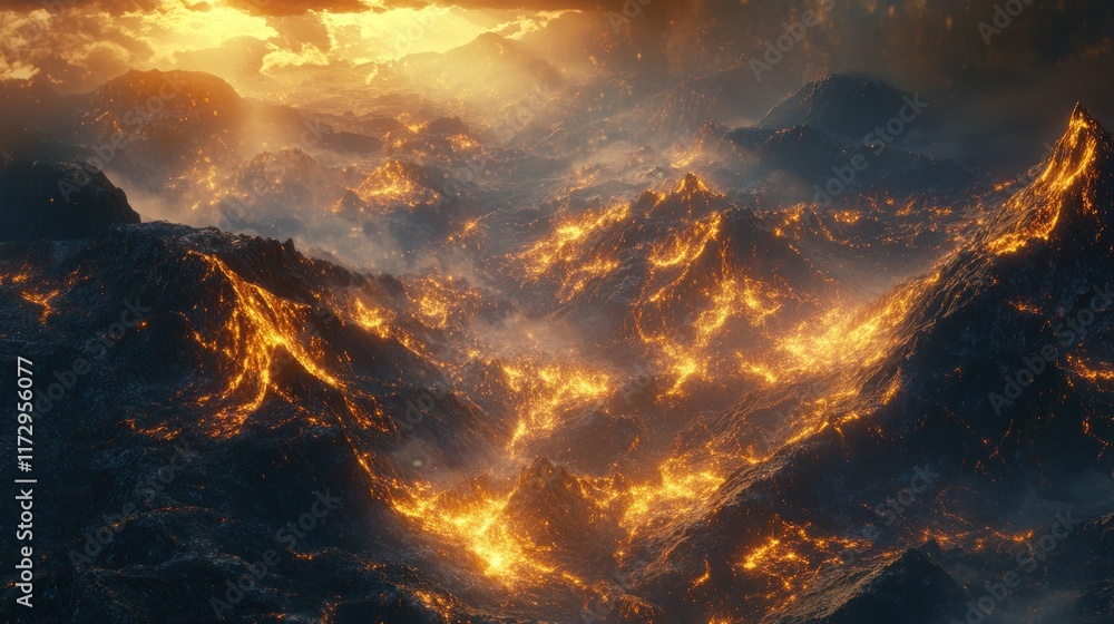 Fototapeta premium A dramatic landscape of molten lava flows illuminated by a fiery sunset.