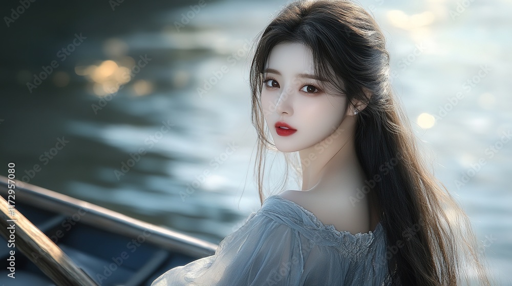 Young woman with long dark hair in a boat on water. Young woman with long dark hair in a boat on water.