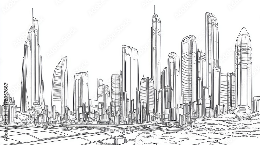 Naklejka premium futuristic city skyline line drawing colouring page