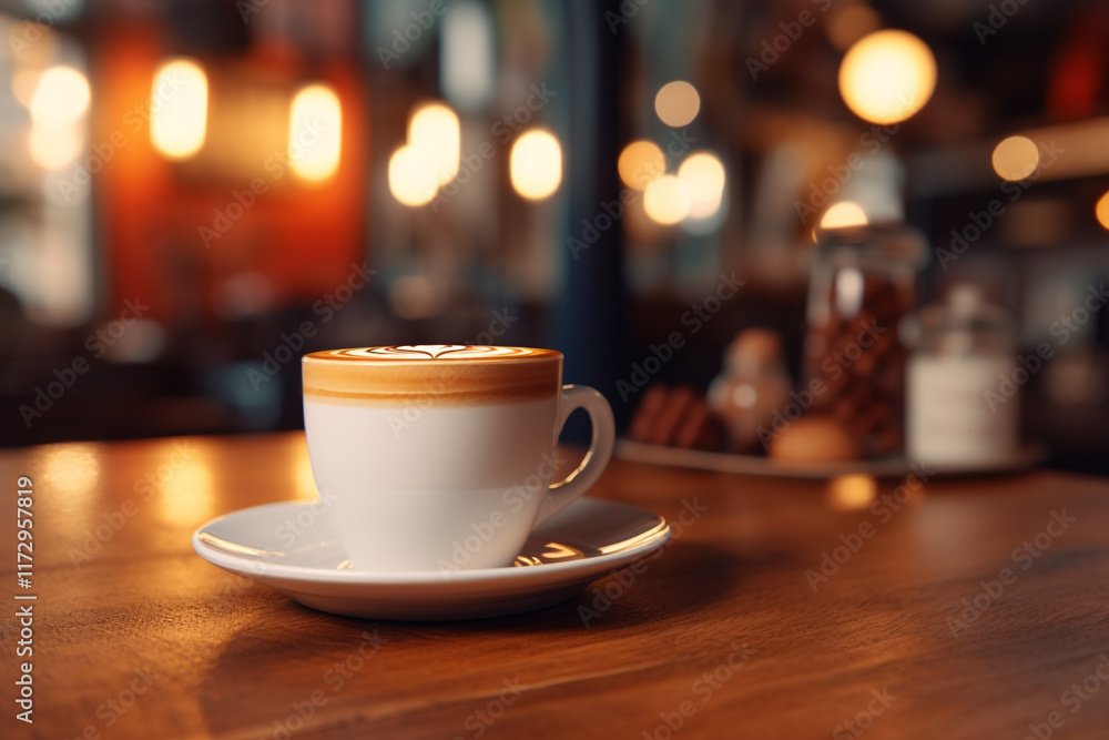 A Vibrant Coffee Shop Scene with a Latte in a Branded Cup A Vibrant Coffee Shop Scene with a Latte in a Branded Cup