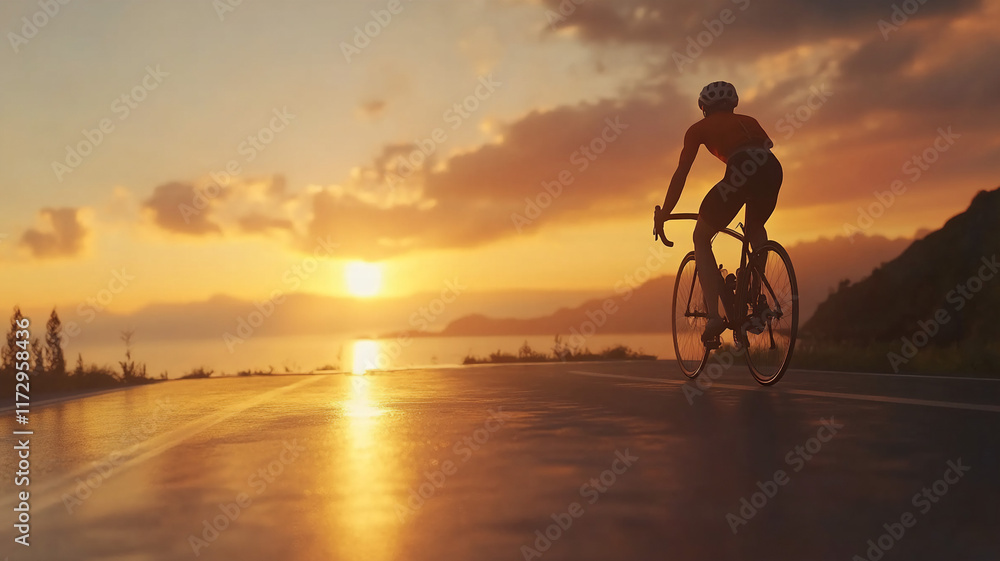 Fototapeta premium man cycling during summer on the road during sunset with a eye-level angle 