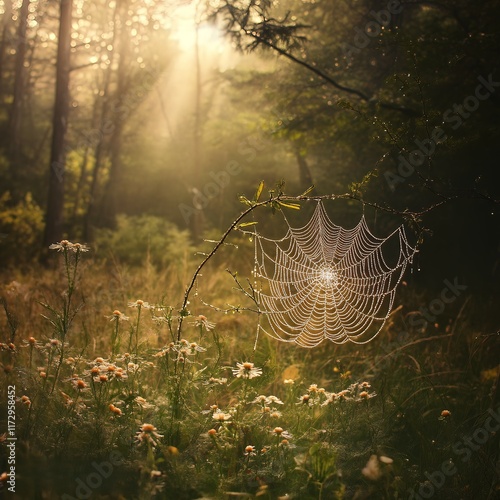 Dew Kissed Spiderweb in Misty Dawn Forest Nature s Golden Hour photo