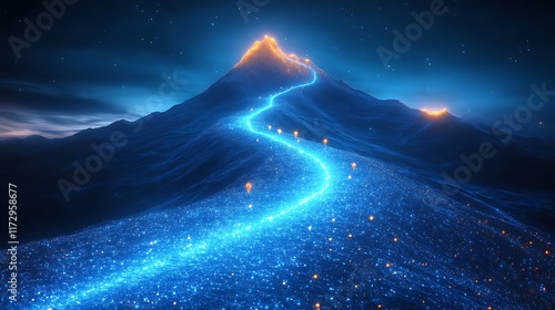 Luminous Pathway Ascends a Glowing Mountain at Night