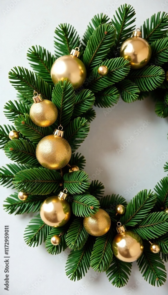 Wreath made of gold ornaments and pine needles, decoration, gold, vintage Wreath made of gold ornaments and pine needles, decoration, gold, vintage