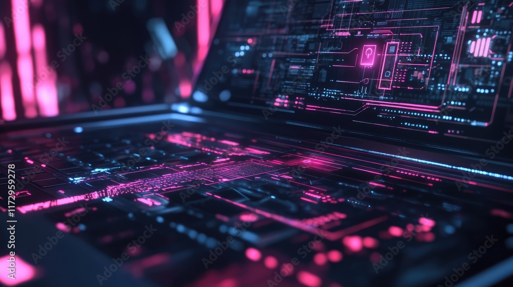 Futuristic cybersecurity concept on a laptop with digital lock and circuit graphics Futuristic cybersecurity concept on a laptop with digital lock and circuit graphics