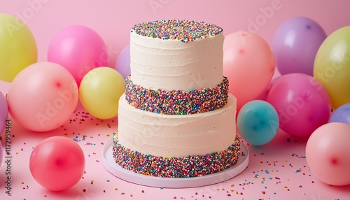 Two-tiered rainbow sprinkle cake surrounded by matching colorful balloons on a soft pink background photo