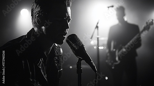 Monochrome shot of a singer performing on stage with his band. photo