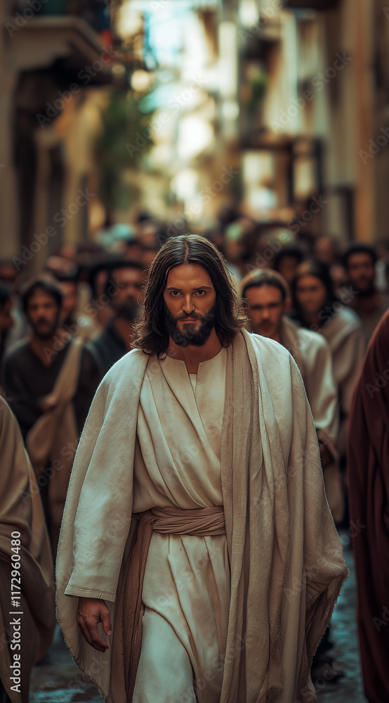 Naklejka premium A cinematic photograph of Jesus walking in the streets with his disciples, wearing white robes and brown sandals, with detailed facial features, surrounded by people watching him,