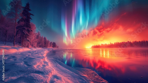 Colorful northern lights above the forest on the lake shore in The winter night landscape