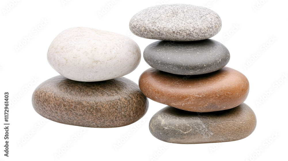 A small stack of smooth river stones on a white background ideal for wellness, decoration, and tranquility-themed projects. Perfect for meditation and nature-inspired visuals..