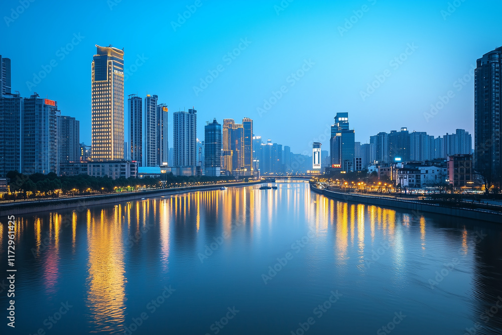 Obraz premium A breathtaking cityscape viewed at dusk, with vibrant reflections dancing on the waters surface. Generative AI