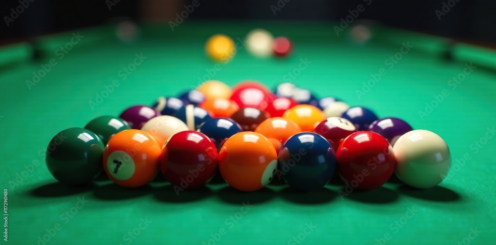 Billiard balls placed in a triangular formation around a red target, colored balls, colorful Billiard balls placed in a triangular formation around a red target, colored balls, colorful