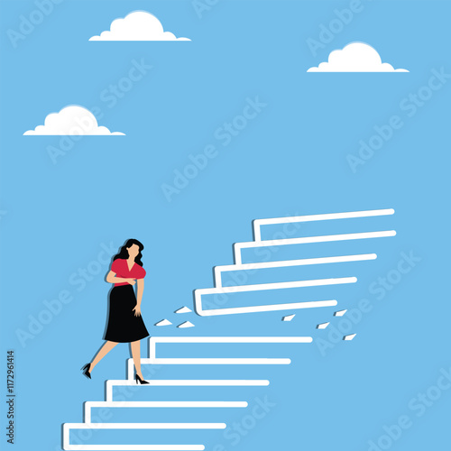 Frustration, loss of direction and ladder to move forward, loss of self, loss of opportunity, problems or adversity in career or business path, breakage of ladder for businesswoman to climb upwards