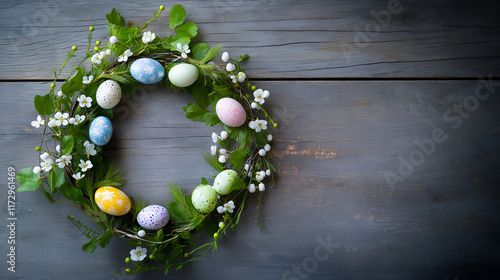 Easter wreath with colorful eggs and spring flowers on rustic wooden background. Ideal for greetings or promotions with copy space for text or ads photo