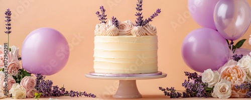 Floral-themed vanilla cake paired with lavender balloons on a pastel peach background photo