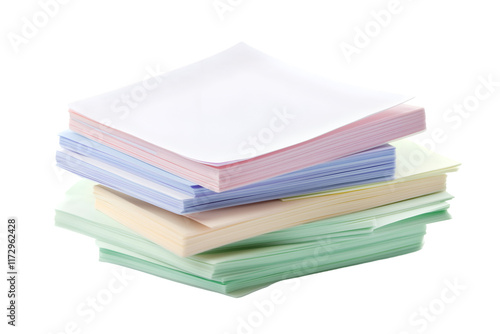 A stack of blank sticky notes in pastel colors, isolated on white background, png, transparent. photo