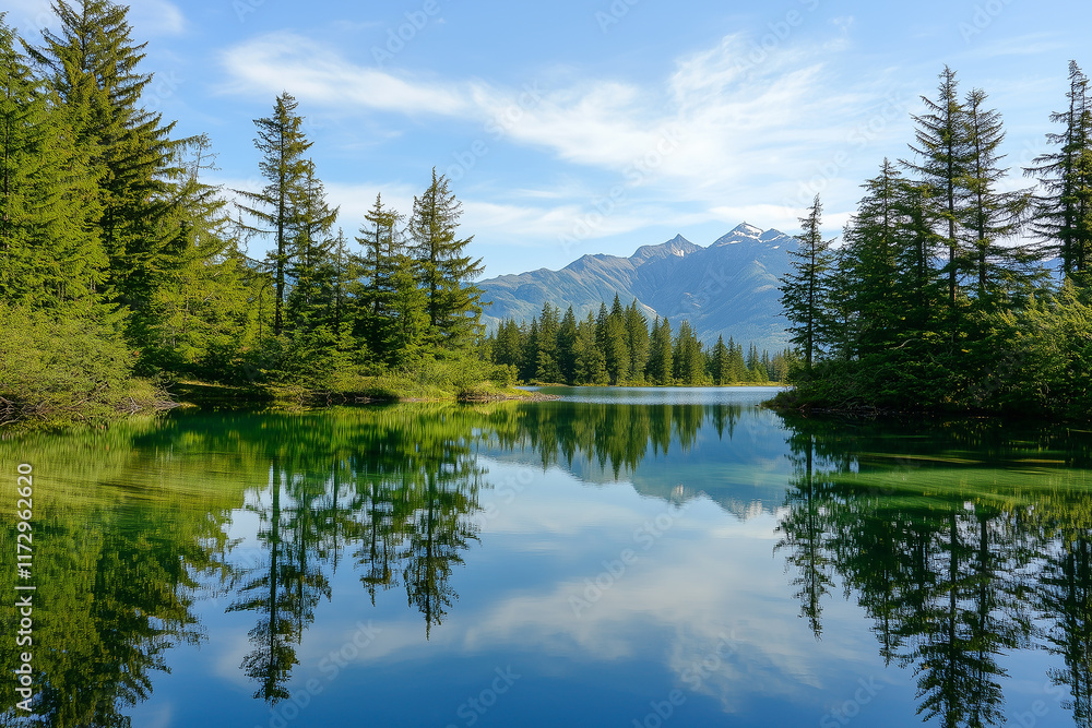 Obraz premium A serene mountain reflection appears in a calm lake surrounded by lush greenery. Generative AI