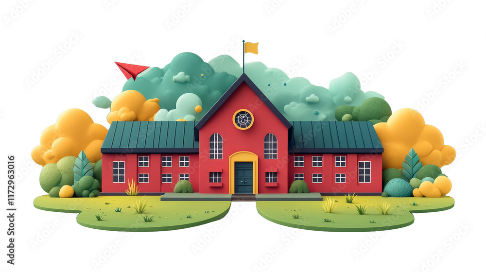 Fototapeta premium Flat Style Illustration of a Vibrant School Building with Lush Surrounding