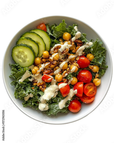 Obraz na płótnie Kale Chickpea Salad Bowl: A vibrant and healthy kale chickpea salad bowl, featuring roasted chickpeas, cherry tomatoes, cucumber, and a creamy dressing. Perfect for a light lunch or dinner. w salonie