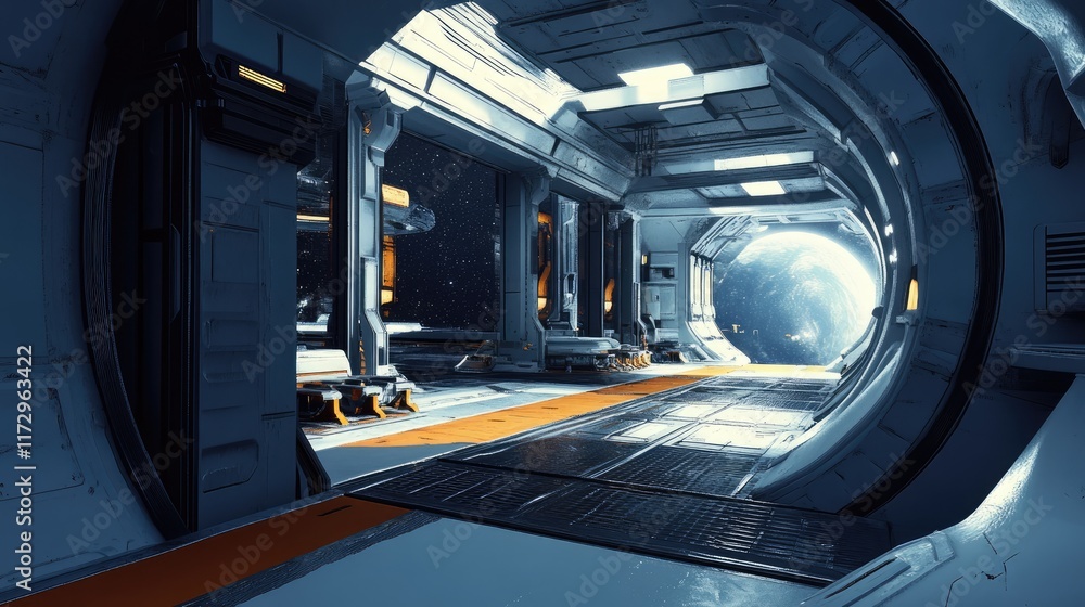 Obraz premium Futuristic space station interior with stunning view of the galaxy